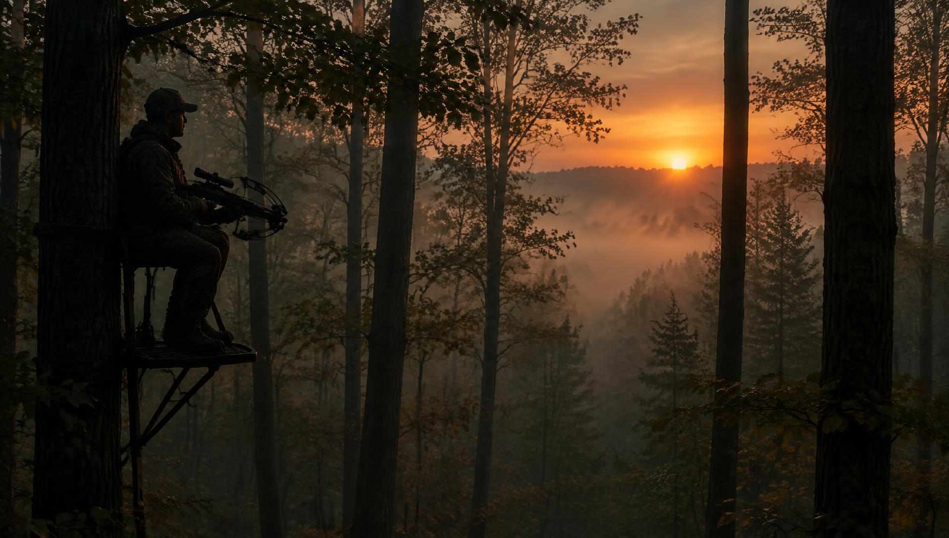 Hunter in a tree stand with a crossbow at misty dawn